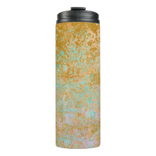 Gold & Turquoise Blue Patina Alcohol Ink Abstract Thermal Tumbler