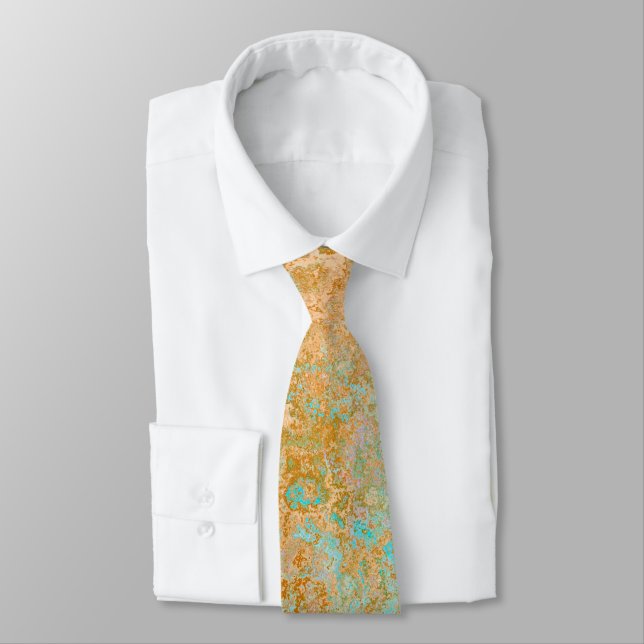 Gold & Turquoise Blue Patina Alcohol Ink Abstract Tie (Tied)