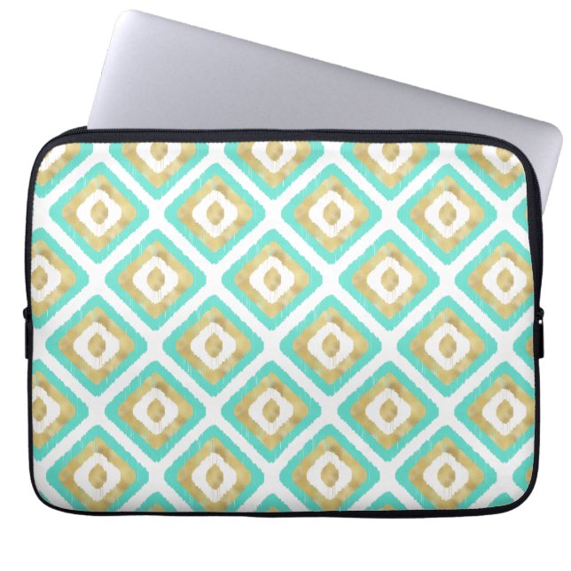 Gold & Turquoise Chic Ikat Pattern Laptop Sleeve (Front)