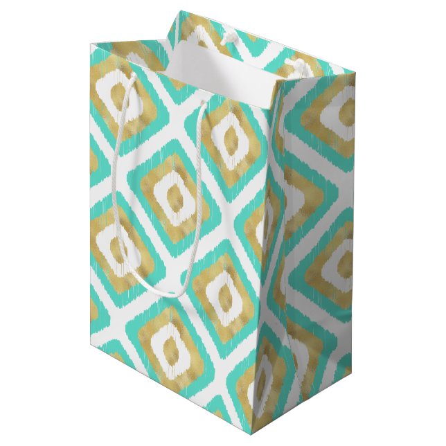 Gold & Turquoise Chic Ikat Pattern Medium Gift Bag (Front Angled)