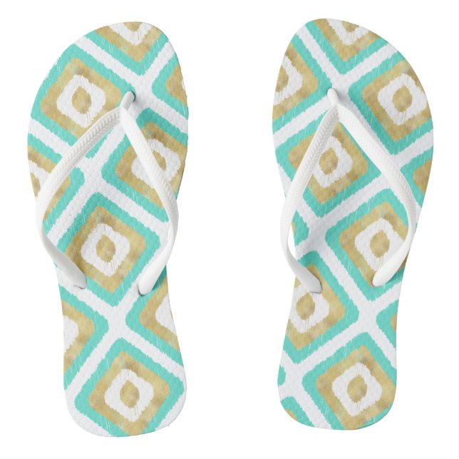 Gold & Turquoise Chic Ikat Pattern Thongs (Footbed)