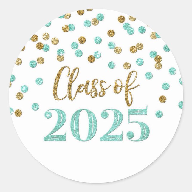 Gold Turquoise Confetti Graduation 2025 Classic Round Sticker (Front)