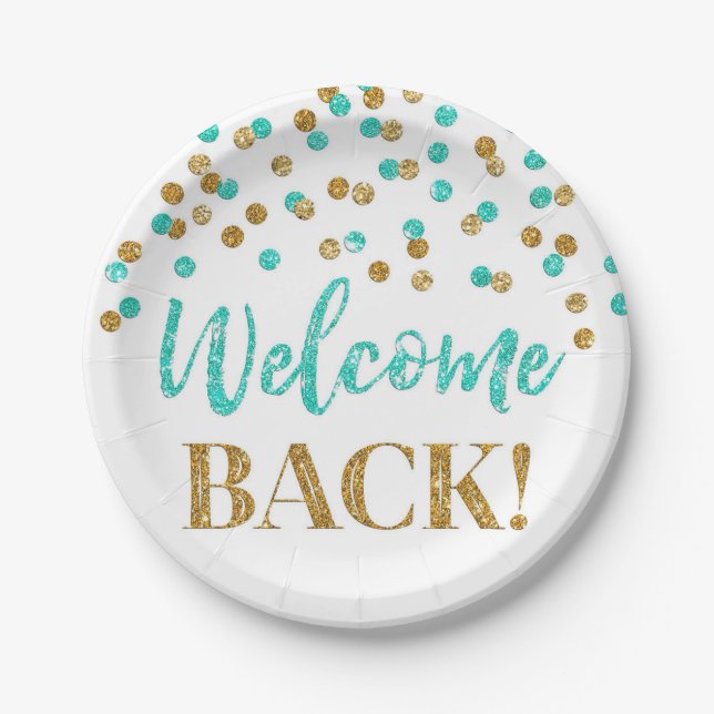 Gold Turquoise Confetti Welcome Back Paper Plates (Front)