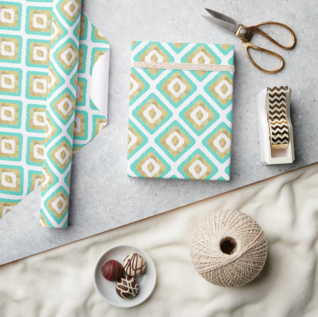 Gold & Turquoise Geometric Ikat Pattern Wrapping Paper (Crafts)