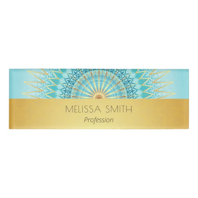 Gold Turquoise Geometric Mandala Name Tag (Front)