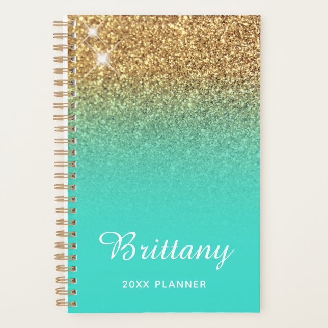 Gold Turquoise Glitter Ombre Personalised Planner (Front)