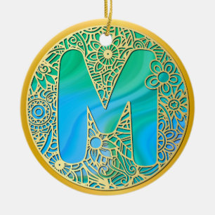 Gold, Turquoise letter M and Colourful Flowers Ceramic Ornament