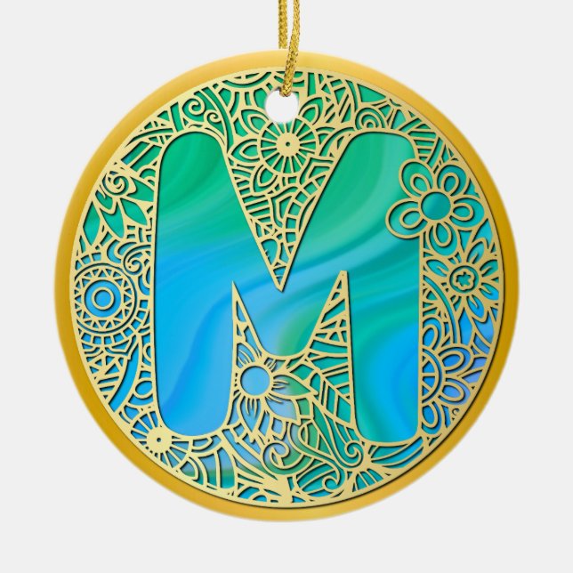 Gold, Turquoise letter M and Colourful Flowers Ceramic Ornament (Front)