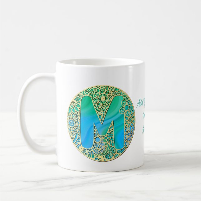 Gold, Turquoise letter M and Colourful Flowers Coffee Mug (Left)