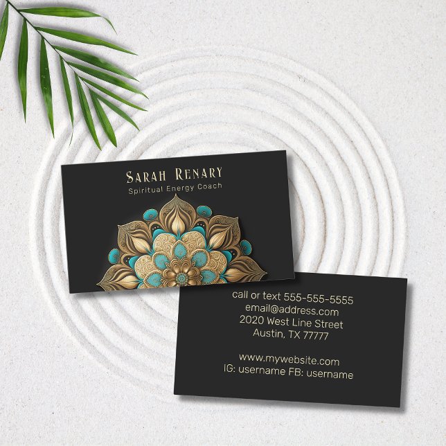 Gold Turquoise Lotus Flower Black Business Card (Creator Uploaded)