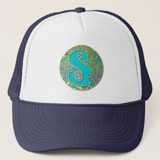 Gold, Turquoise Monogram S and Colourful Flowers Trucker Hat (Front)