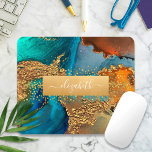 Gold turquoise orange agate watercolor monogram mouse pad<br><div class="desc">A sparkly, faux gold foil band with your script typography name overlays a rich, gold veined, turquoise blue, and yellow orange watercolor background on this elegant, trendy, girly, custom name mousepad. Makes a chic and stylish statement every time you use it. A great gift for a friend, as well as...</div>