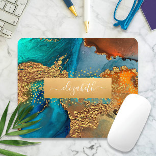Gold turquoise orange agate watercolor monogram mouse pad