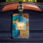Gold turquoise orange marble watercolor monogram luggage tag<br><div class="desc">A sparkly, faux gold foil square with a script typography monogram initial overlays a rich, gold veined, turquoise blue, and yellow orange watercolor background on this elegant, trendy, girly, modern, monogramed luggage tag. Makes a fun and stylish statement every time you use it. A great gift for a friend, as...</div>