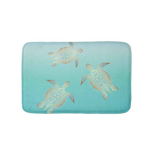 Gold Turquoise Turtles Coastal Maritime Bath Mat (Front)
