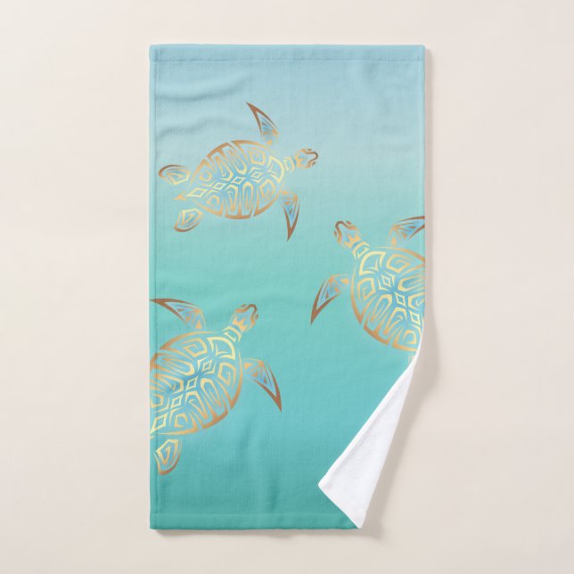 Gold Turquoise Turtles Coastal Maritime Hand Towel (Hand Towel)