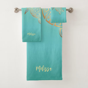 Gold Turquoise Turtles Monogram Bath Towel Set