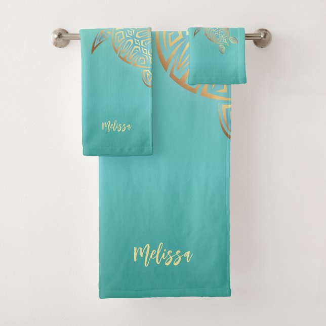 Gold Turquoise Turtles Monogram Bath Towel Set (Insitu)