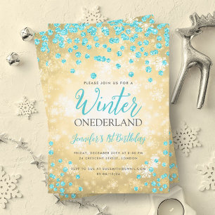 Gold Turquoise Winter ONEDERLAND 1st Birthday Invitation