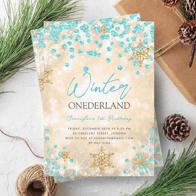 Gold Turquoise Winter ONEDERLAND 1st Birthday Invitation (Gold Turquoise Winter ONEDERLAND 1st Birthday Invitation)