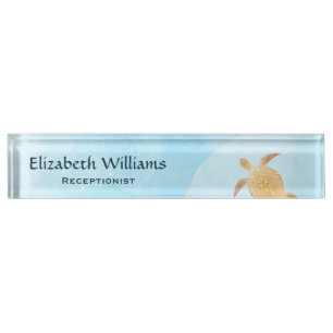Gold Turtle Blue Ink Monogram Coastal  Nameplate