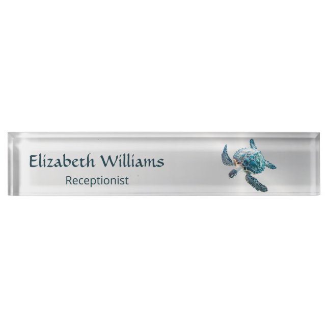 Gold Turtle Blue Watercolor Coastal Nameplate (Front)