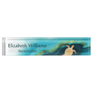 Gold Turtle Blue Watercolor Coastal Nameplate