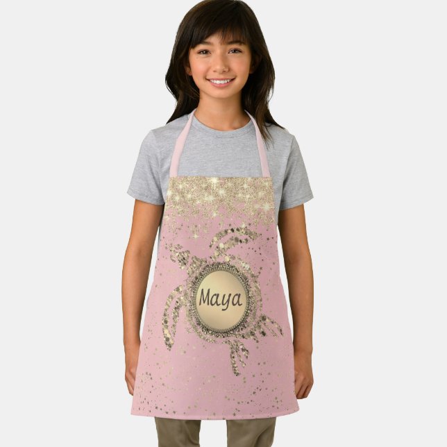 Gold Turtle Glitter Stars on Pink Personalised Apron (Insitu)