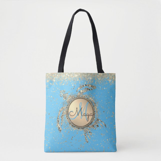 Gold Turtle Monogram Stars Glitter on BLue  Tote Bag (Front)