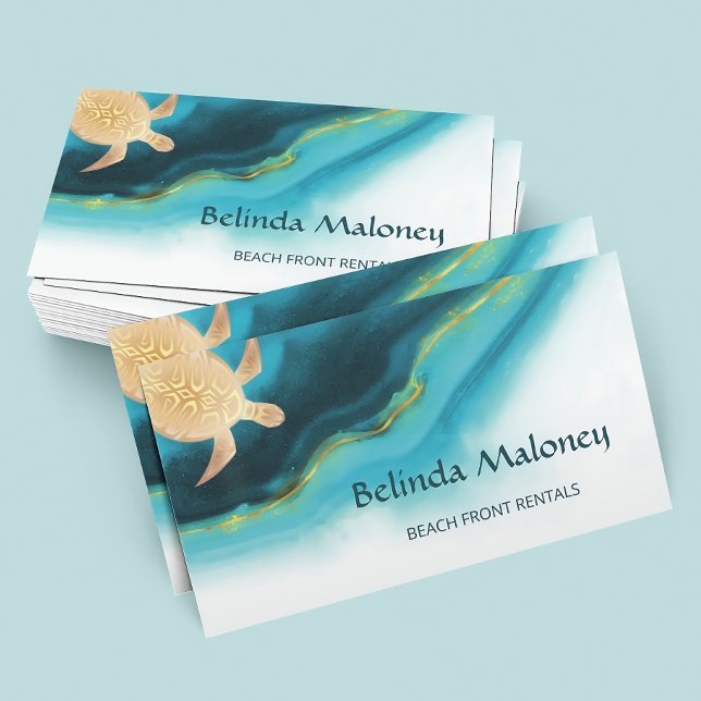 Gold Turtle Teal Ink  Beach Front Rentals  Business Card (Creator Uploaded)