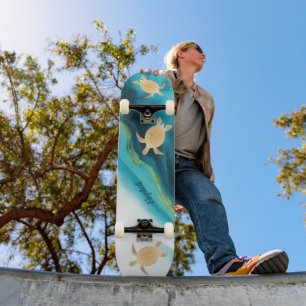 Gold Turtle Tribal Teal Ink Agate Monogram.  Skateboard