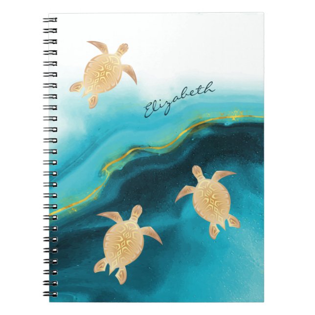 Gold Turtle Tribal Teal Ink Monogram  Notebook (Front)