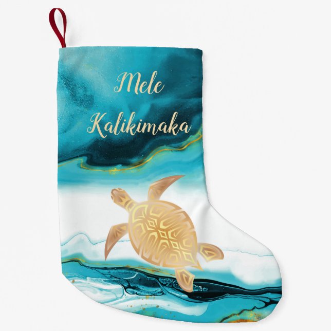 Gold Turtle Tribal Teal Marble Mele Kalikimaka  Small Christmas Stocking (Front)