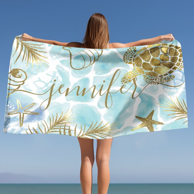 Gold Turtle Tropical Personalised Name  Beach Towel (Gold Turtle Tropical Personalized Name Beach Towel)