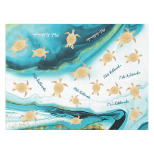 Gold Turtle White Teal Ink Mele Kalikimaka Tablecloth