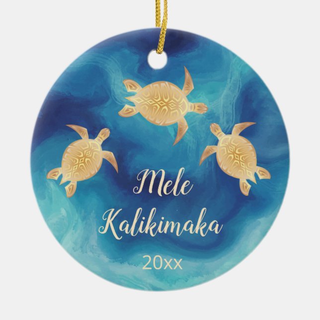 Gold Turtles Blue | Hawaiian Christmas Ceramic Ornament (Front)