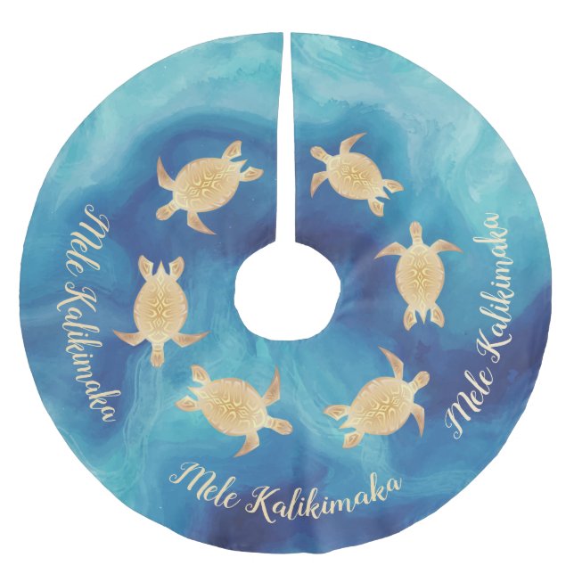 Gold Turtles Blue | Mele Kalikimaka |  Brushed Polyester Tree Skirt (Front)