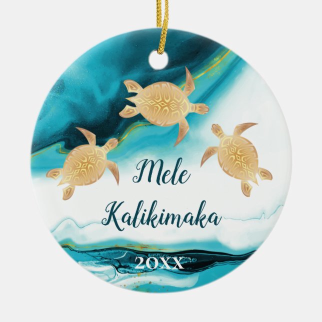 Gold Turtles | Mele Kalikimaka | Family Photo Ceramic Ornament (Front)
