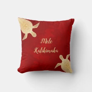 Gold Turtles Mele Kalikimaka Hawaiian Red Cushion