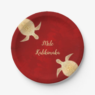 Gold Turtles Mele Kalikimaka Hawaiian Red Paper Plate