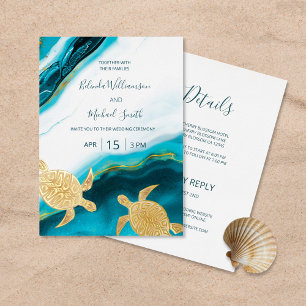 Gold Turtles Teal Ink Agate Wedding