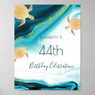 Gold Turtles Teal Ink Custom Birthday Party  Poster