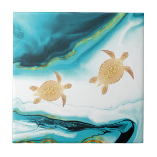 Gold Turtles Teal White Ink  Ceramic Tile