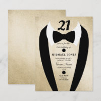 Gold Tuxedo Mens 21st Birthday Party Invite