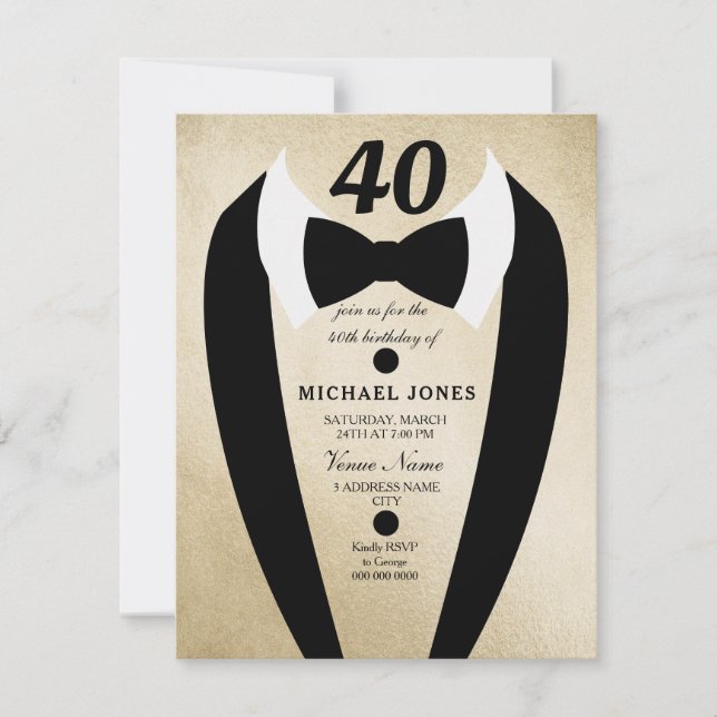 Gold Tuxedo Mens 40th Birthday Party Invite (Front)
