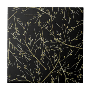 Gold Twigs on Black Ceramic Tile