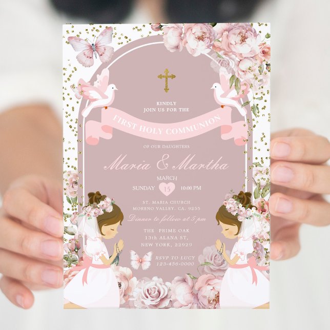 Gold TWIN Girl Praying First Holy Communion Floral Invitation (Creator Uploaded)