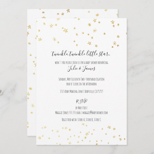 Gold Twinkle Little Stars Baby Shower Invitations (Front/Back)