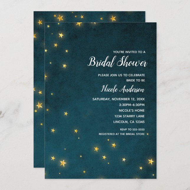 Gold Twinkle Stars Celestial Sky Bridal Shower Invitation (Front/Back)