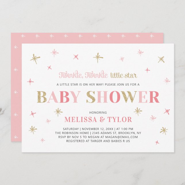 Gold Twinkle Twinkle Little Star Girl Baby Shower Invitation (Front/Back)